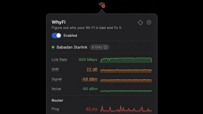 WhyFi dashboard showing Wi-Fi metrics
