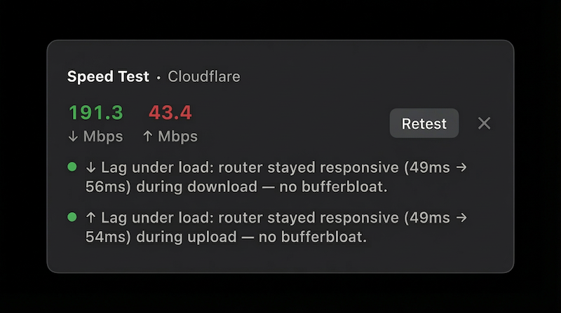 WhyFi speed test with bufferbloat detection